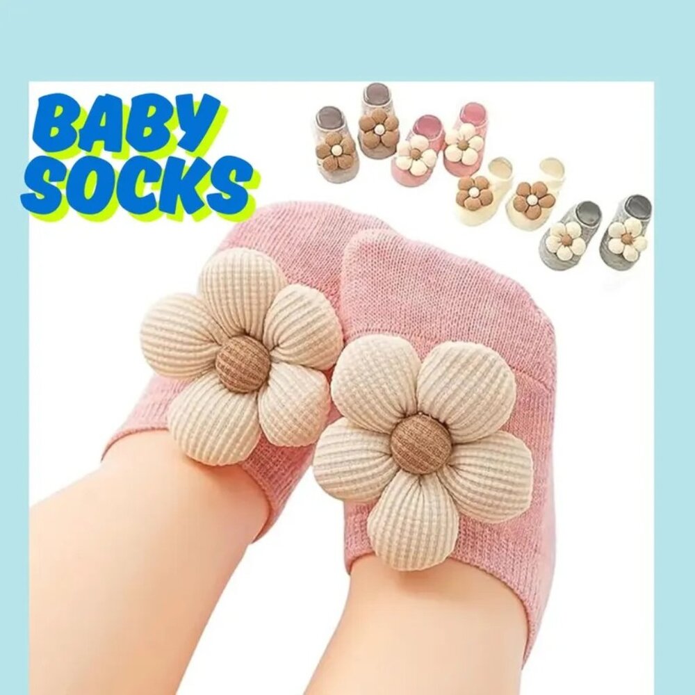 Baby Girl Flower Socks: Non-Slip Cotton Blend, 0-6 Months (4 Pack) with Gift Box